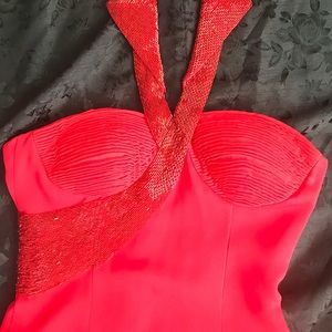 Vintage Red Beaded Gown with collar Nineties